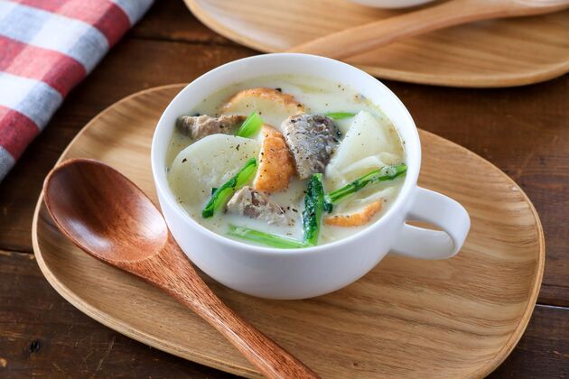 さば水煮食塩不使用と魚河岸あげ®の豆乳スープ